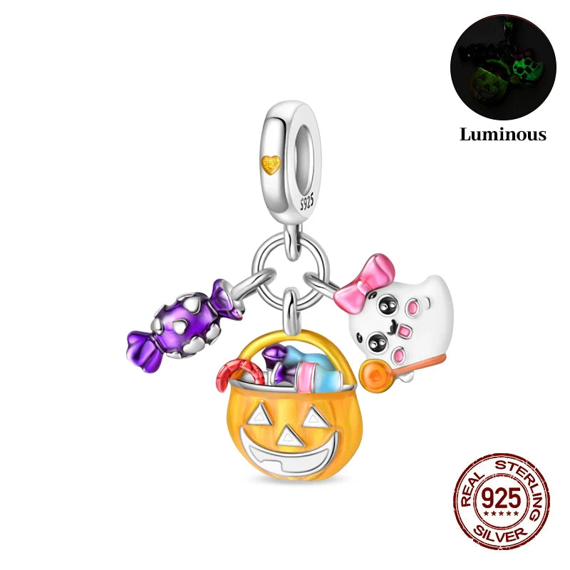 New 925 Sterling Silver Luminous Halloween Skull Witch Pumpkin Candy Charms Beads Fit 3mm Original Bracelets Party Jewelry