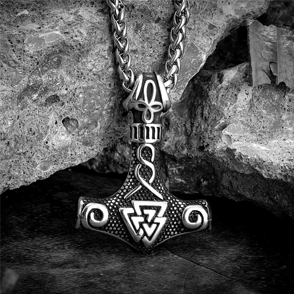 Vikings Thors Hammer Necklaces Stainless Steel Double-sided Anchor Pendant Norse Trinity Amulet Men Vintage Scandinavian Jewelry