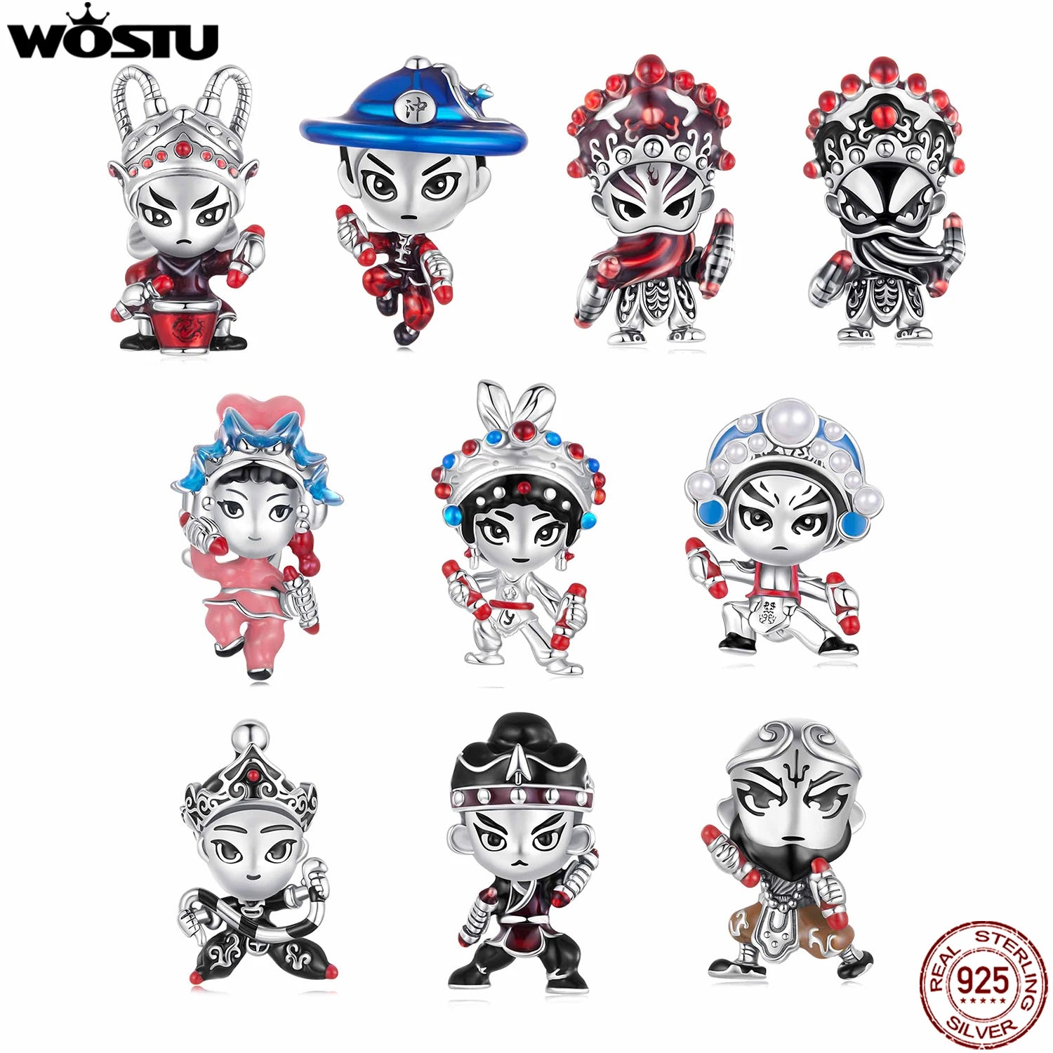 WOSTU New Year Gift S925 Silver Charms Bead Traditional Opera Character Pendants for Bracelet Necklace Jewelry Make Lin Chong