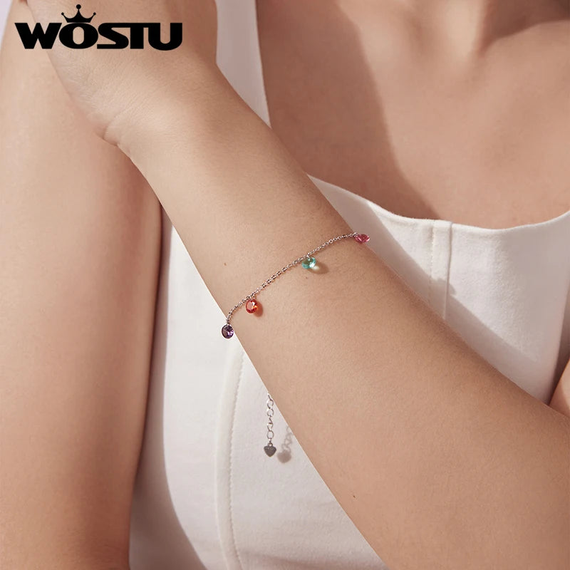 Bracelet WOSTU en argent sterling 925 véritable avec pampilles en cristal coloré et chaîne ajustable. Bijou idéal pour les fêtes, à offrir aux filles et à toute la famille.