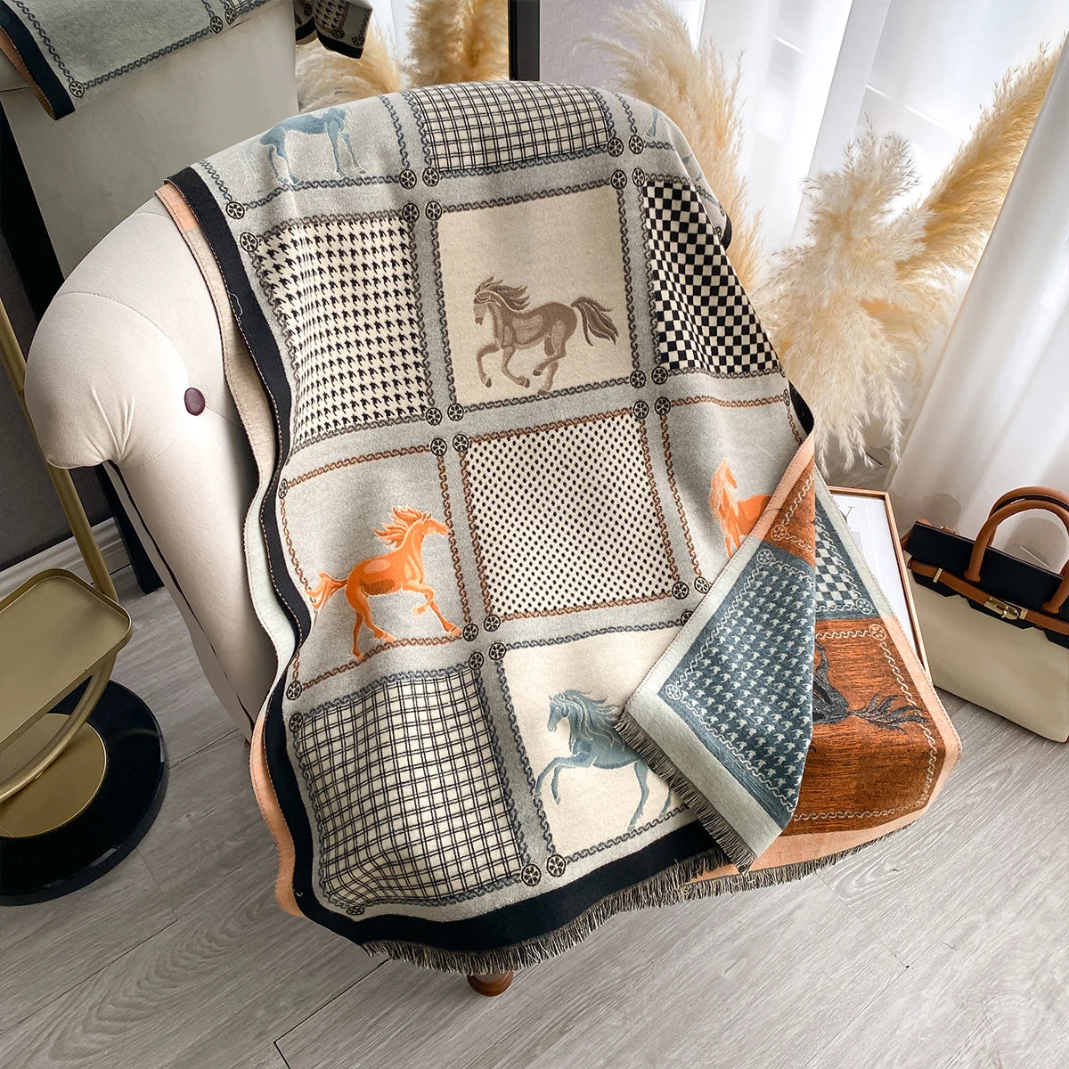 New Women Imitation Cashmere Two Sided Horse Print Scarf Soft Warm Pashmina Shawl Autumn Winter Coldproof Windproof Blanket
