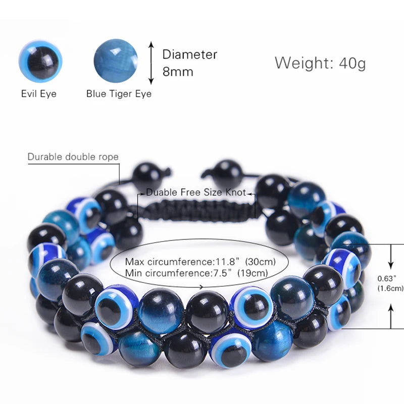 8MM Evil Eye Triple Protection Bracelet Blue Tiger Eye Stone Black Onyx Bracelet Healing Handmade Natural Stone Beads Bracelet