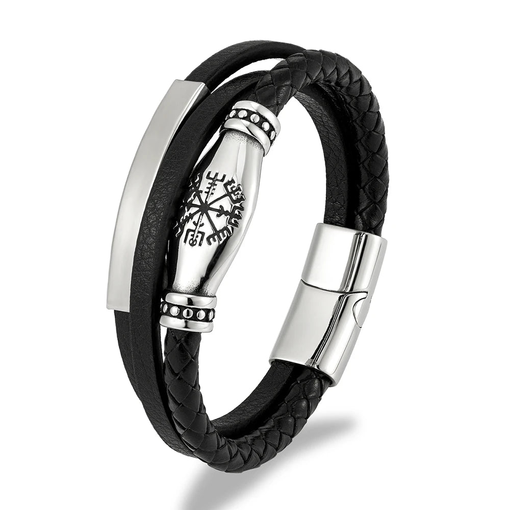 MKENDN Norse Viking Style Stainless Steel Compass Norse Runes Amulet Beads Braided Multilayer Leather Bracelet Homme Pulseras