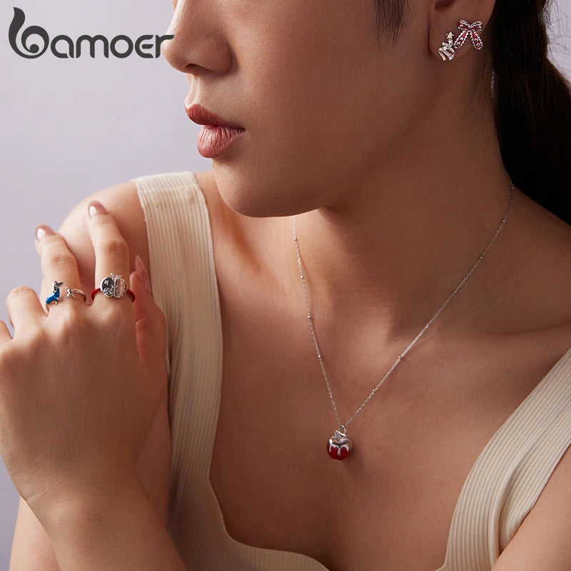 BAMOER 925 Sterling Silver Christmas Bow Stud Earrings, Enamel Stars Piercing Earrings Sweet Jewelry for Women Teen Xmas Gift