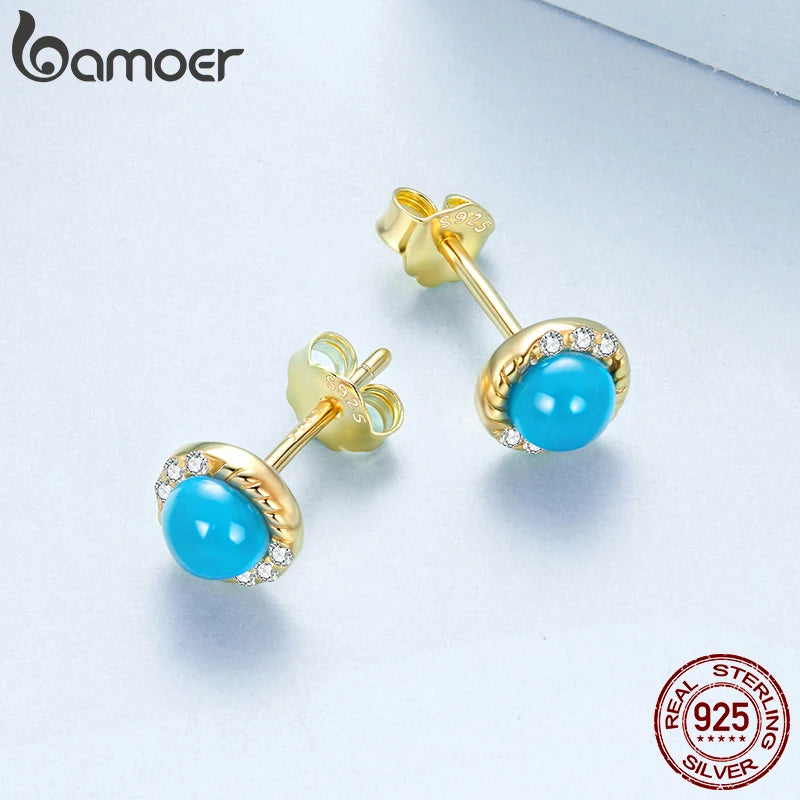 BAMOER Ohrstecker aus 925 Sterling Silber mit Türkis-Halo und Zirkonia-Besatz für Damen und Mädchen, Vintage-Ohrringe, vergoldet