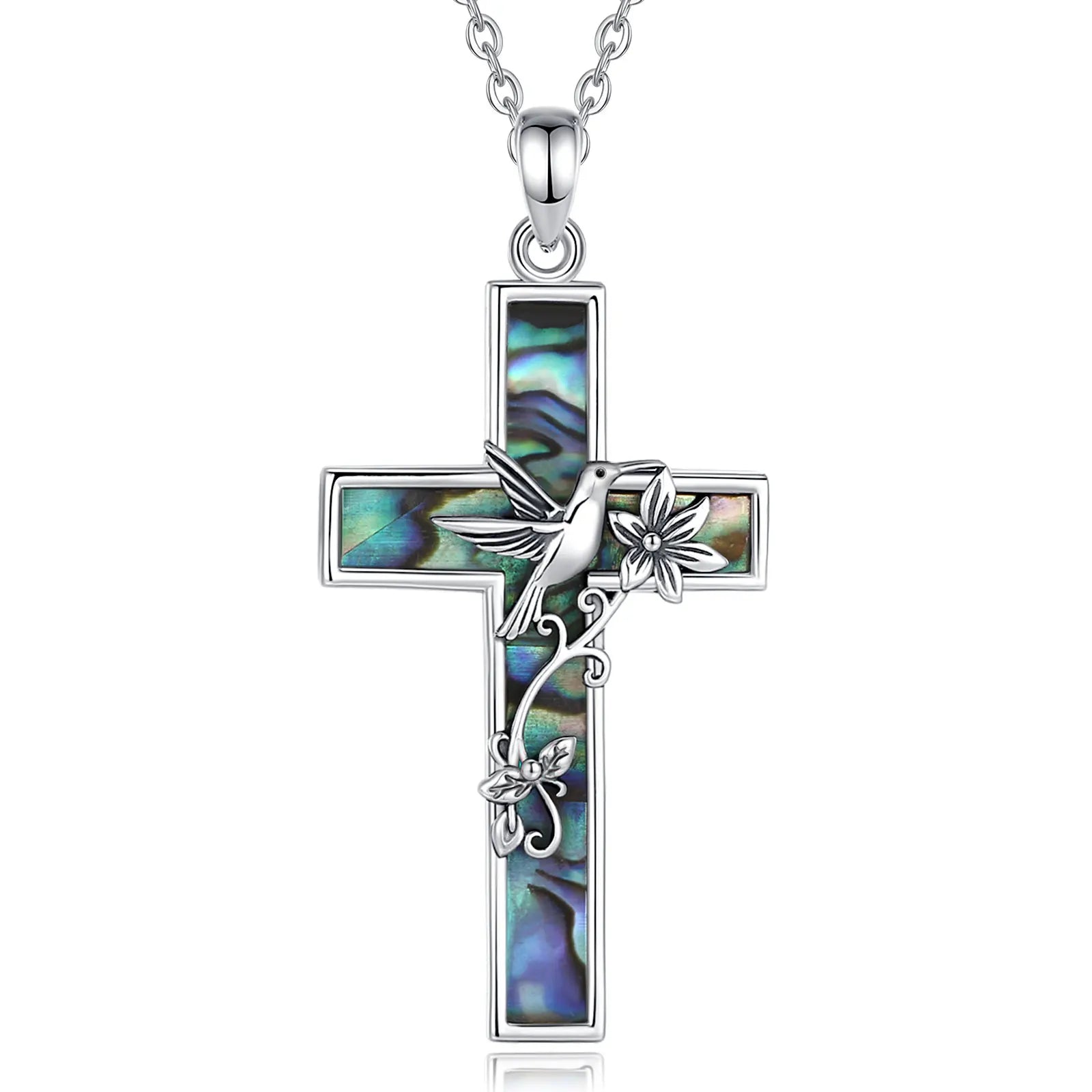 Collier croix colibri en argent sterling 925 Eudora pour femme et homme, pendentif en coquillage d'ormeau naturel, bijou religieux, cadeau raffiné
