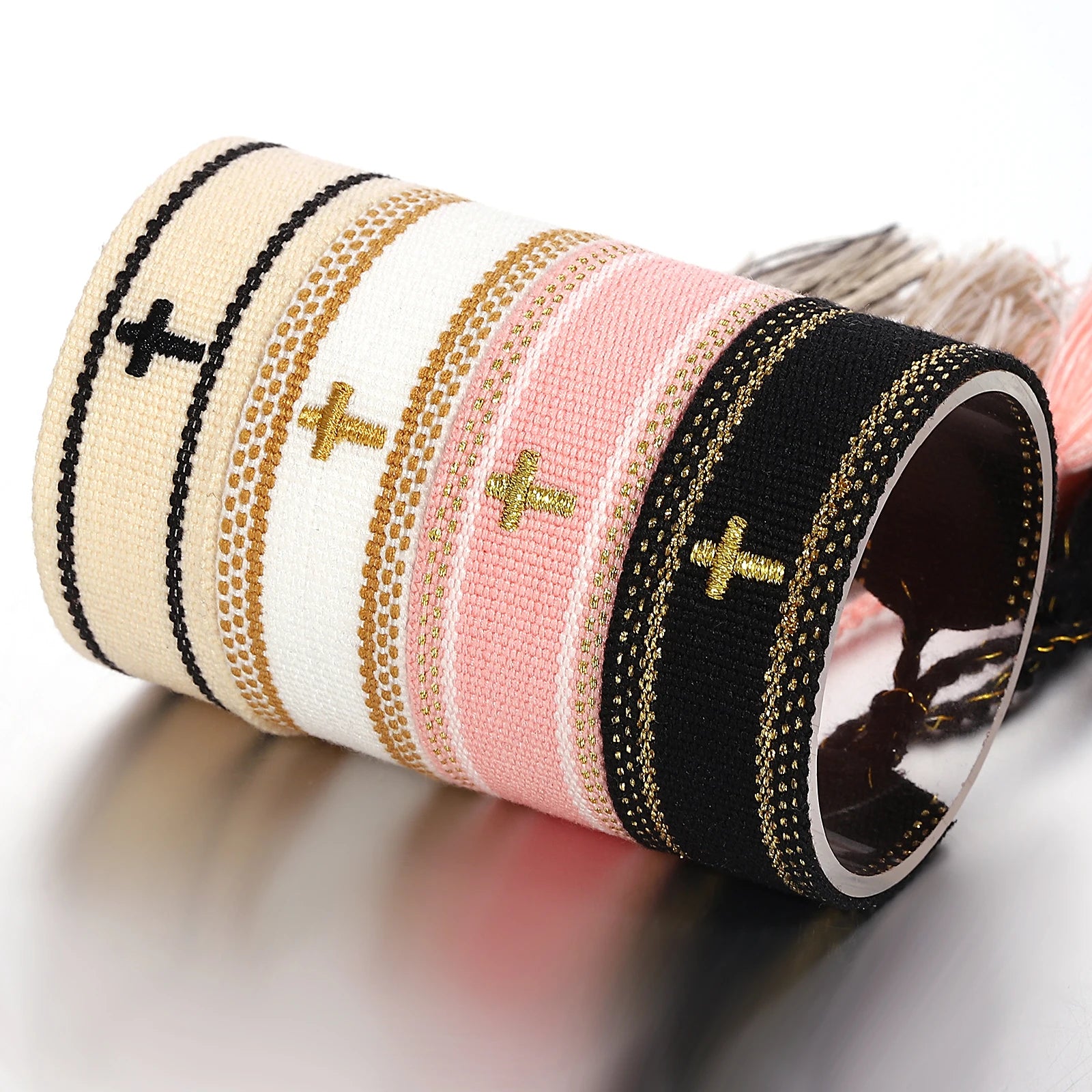 ANESOA Cross Stitch Wrist Strap Bohemia Hand-woven Tassel Bangle For Women Embroidery Personality Cotton Rope Webbing Bracelet
