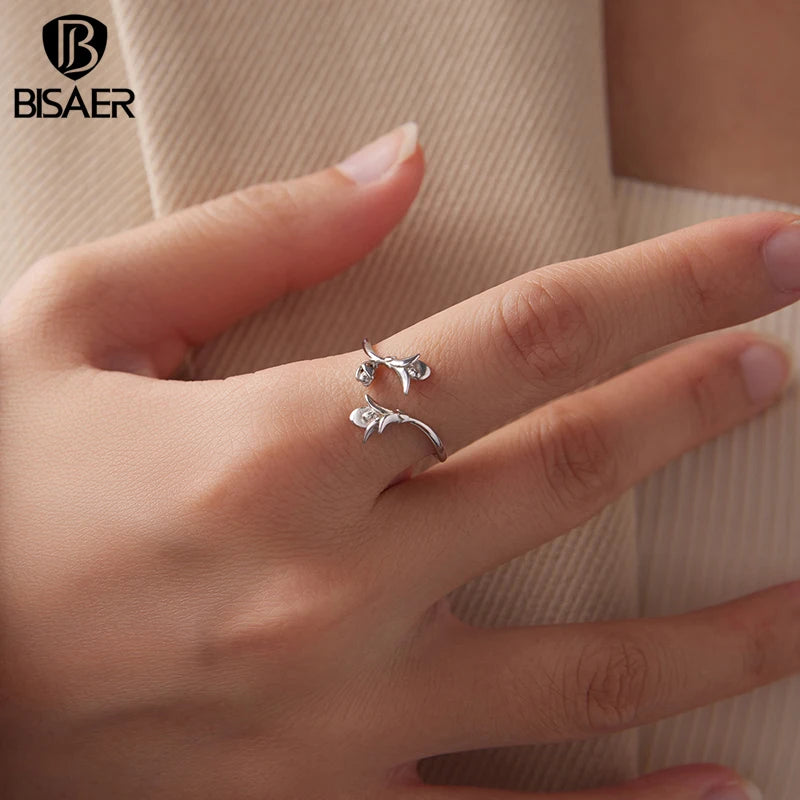 BISAER Real 925 Sterling Silver Lavender Open Ring Blooming Flowers Stackable Band Adjustable 5-8 for Women Party Fine Jewelry