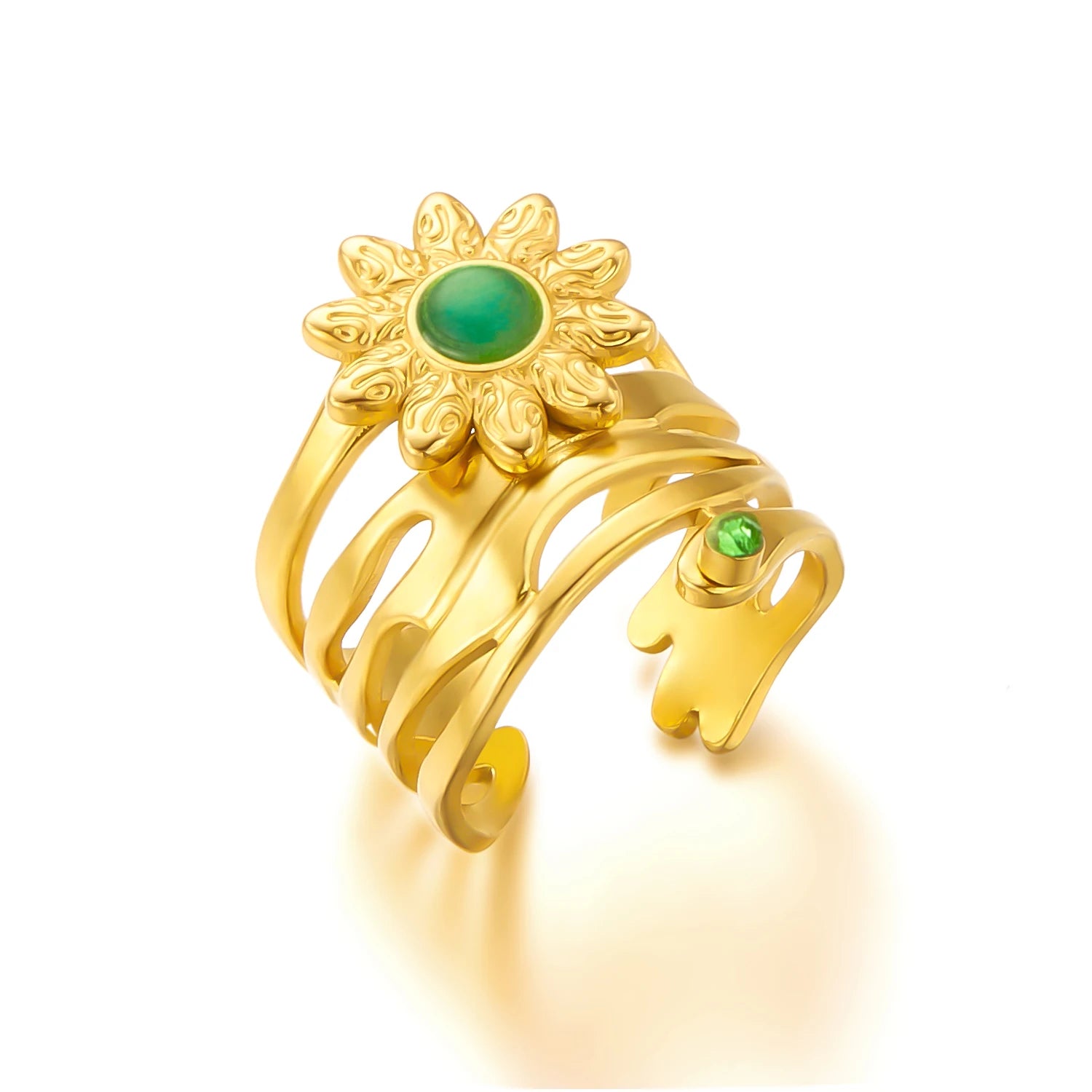 Gold Color Stainless Steel Ring for Women Colorful Leaf Daisy Flower Opal Opening Adjustable Finger Ring Wedding Jewelry Gift