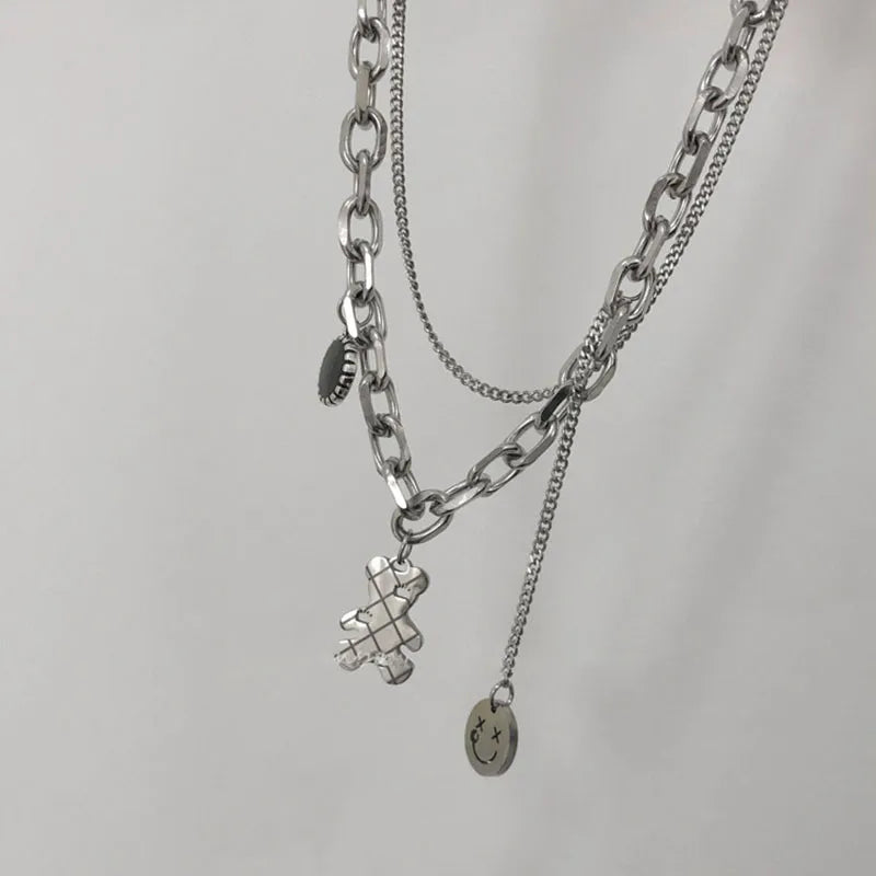 Koreanischer Edelstahl-Halsband, mehrlagige Halskette für Damen, Punk, trendig, zierliche Kette, Statement-Anhänger, Hip-Hop-Schmuck