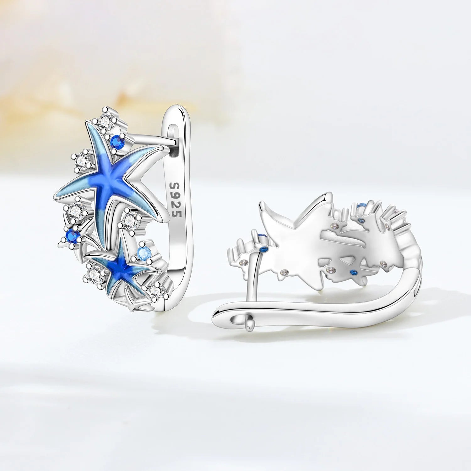 PANPOKI S925 Sterling Silver Dreamy Blue Starfish Earrings Hoop Earrings For Women Jewelry Original Party Trendy Gifts
