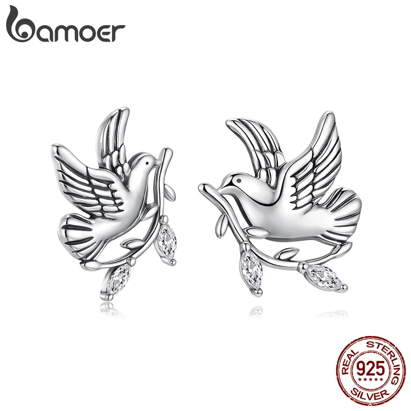BAMOER 925 Sterling Silver Dove of Peace Stud Earrings Oxidized Bird For Peace Earrings with Push Back Women Girls Daily Jewelry
