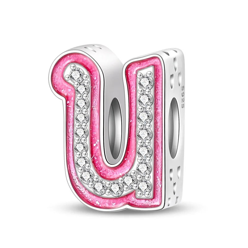925 Silver 26 Alphabet Pink Princess Letters Charms Bead Fit Pandach 925 Original Bracelet DIY Anniversary Birthday Jewelry Gift