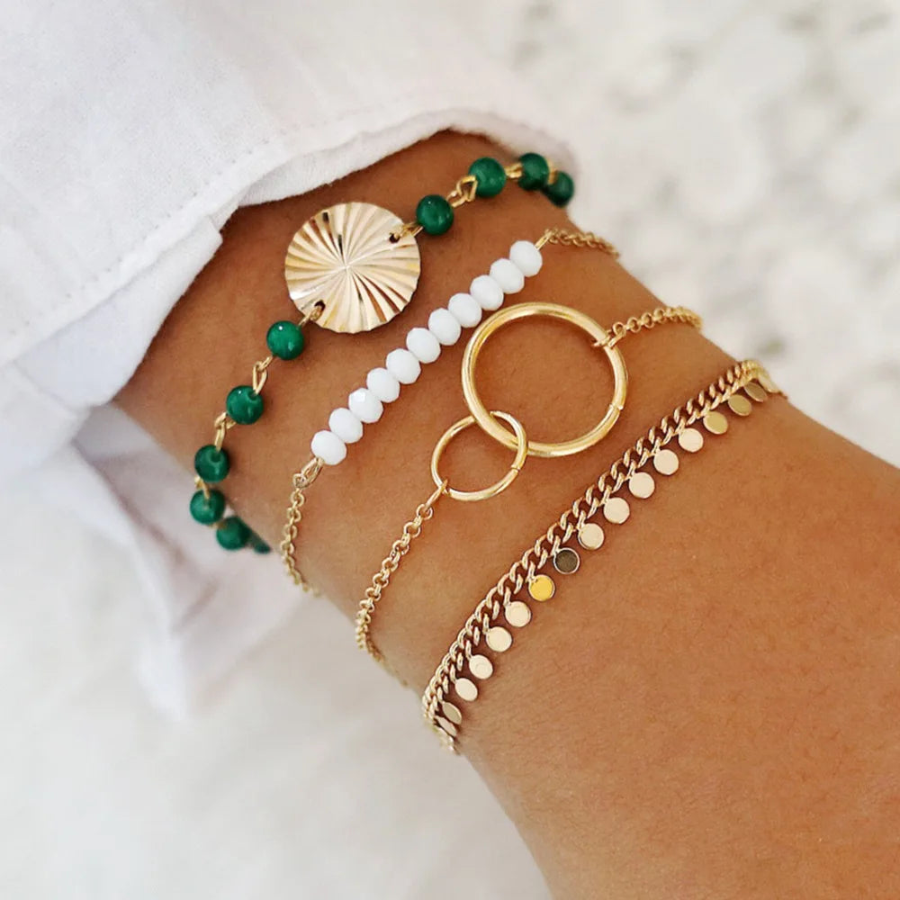 Trendy Geometric Link Chain Bracelet Set For Women Rhinestones Gold Color Leaves Heart Pendant Open Cuff Bangle Girls Jewelry - Madeinsea©