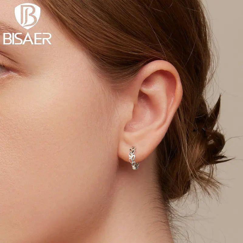BISAER Boucles d'oreilles créoles simples en argent sterling 925 avec feuilles creuses pour femmes, bijoux fins originaux, cadeau de fête