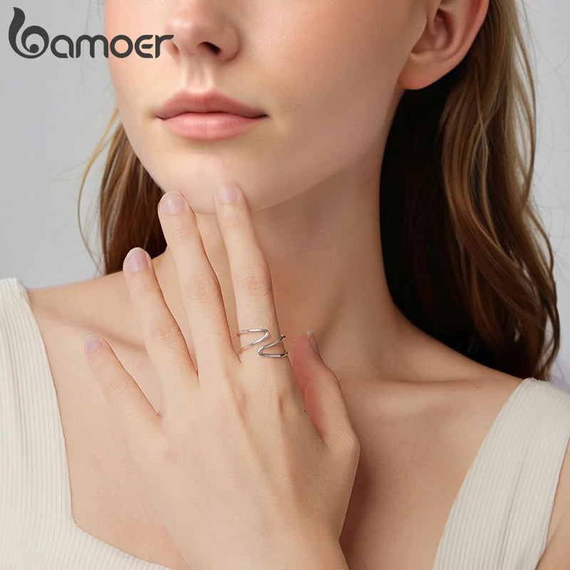 BAMOER 925 Sterling Silber Zweilagiger Kreuzring Offene Linie Geschwungener Ring Schlichter Ring für Damen Teenager Minimalistisches Alltagsgeschenk Feiner Schmuck