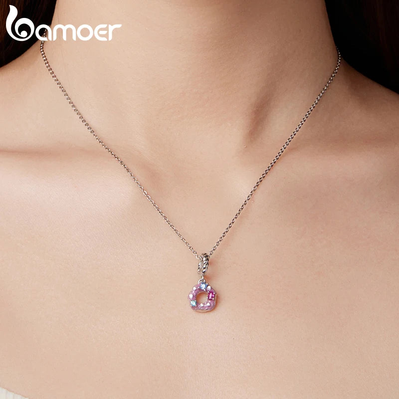 Bamoer 925 Sterling Silver Pink Donut Pendant Colorful Food Charm Candy Beads for Women Teen Sweet Bracelet Jewelry Accessories