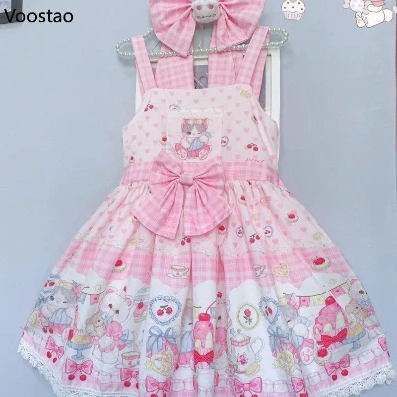 Japanese Sweet Lolita Jsk Dress Women Kawaii Cartoon Cat Print Bow Lace Ruffles Strap Dress Girls Cute Tea Party Mini Dresses