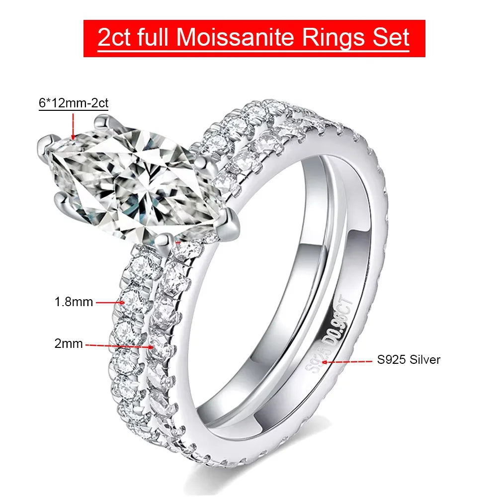 Serenity 2ct Marquise Cut D Color Moissanite Rings for Women Wedding Bridal 100% S925 Sterling Silver Eternity Rings Plated 18K