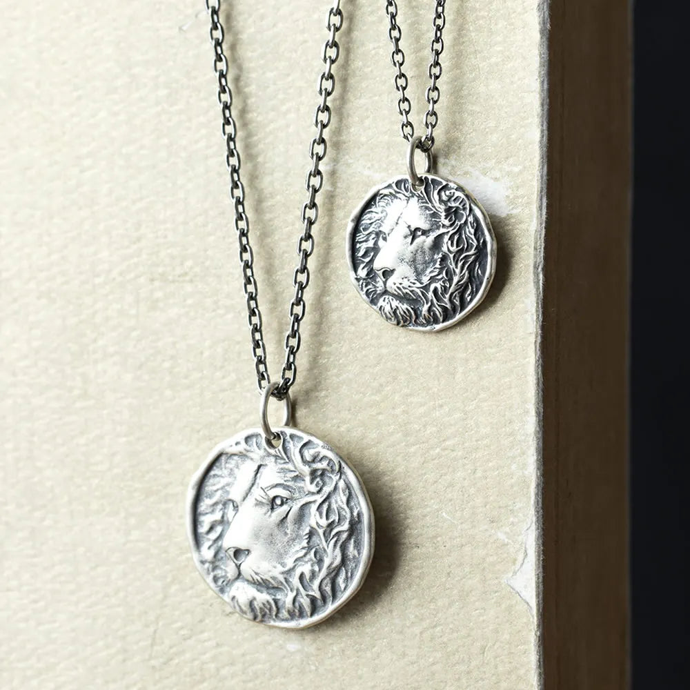MKENDN Punk Style 100% 925 Sterling Silver Creative Retro Lion Head Coin Pendant Necklace Men Women King Jewelry