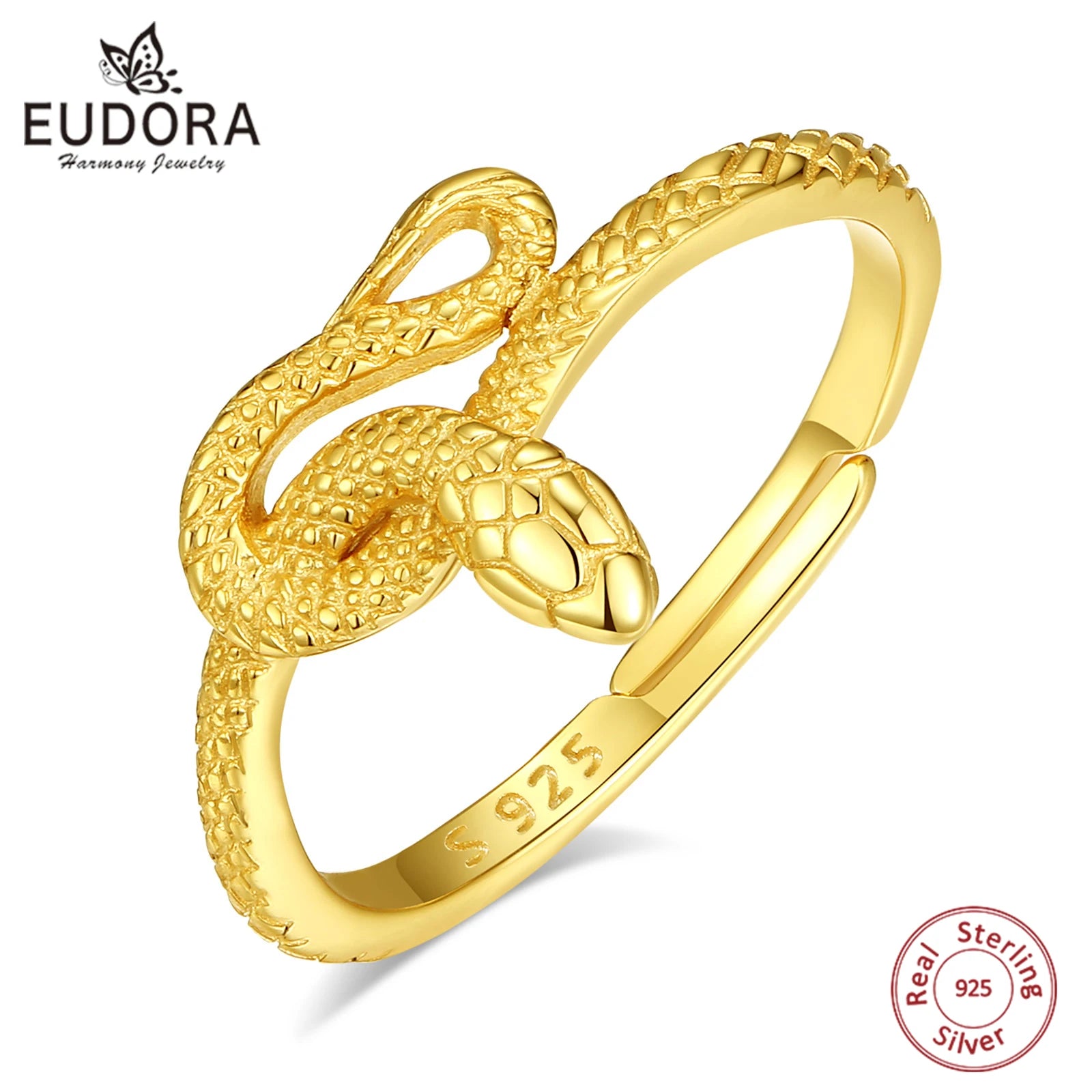 Eudora 925 Sterling Silver Snake Adjustable Ring for Women Man 18K Gold Textures Cobra Punk Ring Personalized Jewelry Party Gift