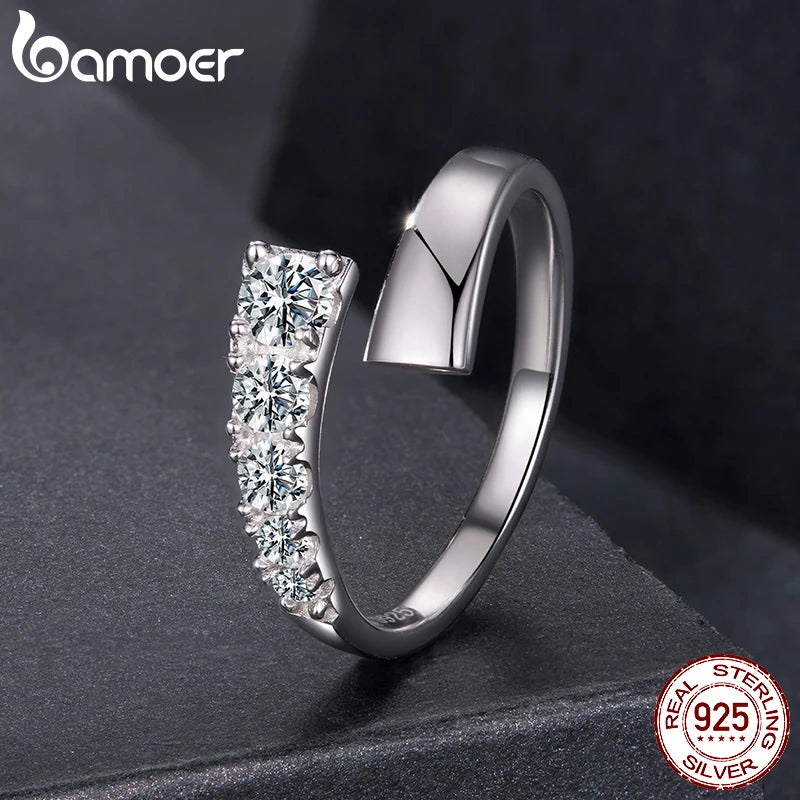 BAMOER 0.7CTTW Moissanite Open Ring 5 Stones Multi-size Round Cut Lab Diamond 925 Sterling Silver for Women Xmas Gift Adjustable