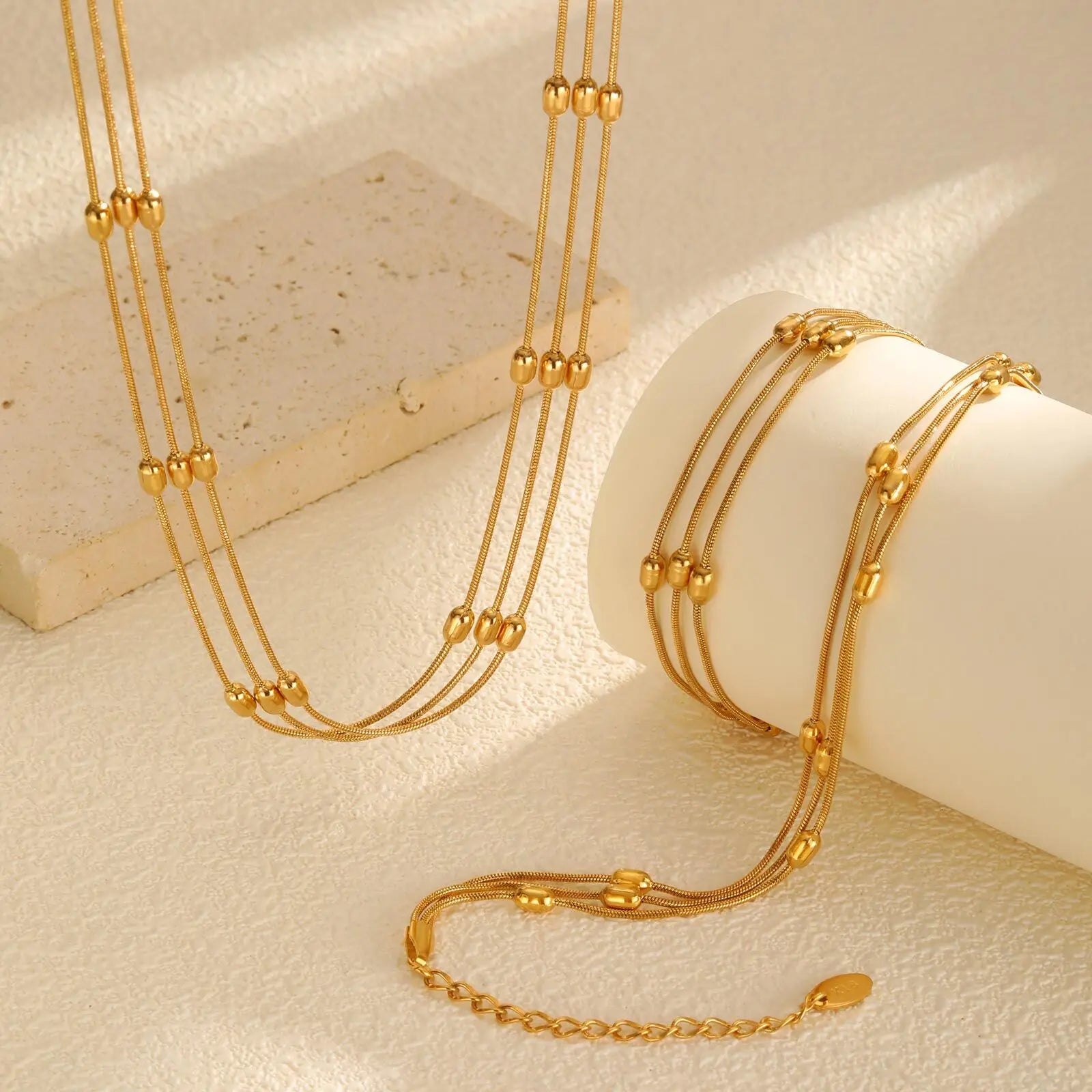 Vnox Summer Stainless Steel Three-layer Snake Chain Anklets For Women Gold Color Circle Bead Foot Hand Jewelry Fashion Style