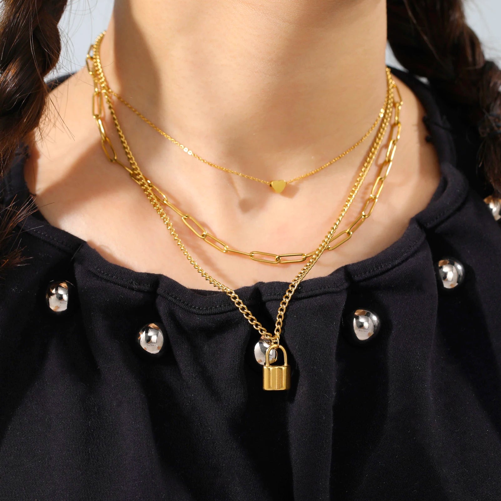 Stainless Steel Gold Color Lock Necklace for Women Hip Hop Three Layer Chain Necklace Padlock Pendant Choker Jewelry