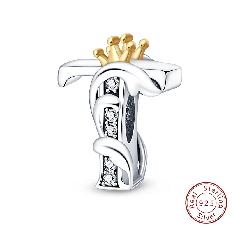 925 Sterling Silver 26 Alphabet A-Z Crown Letters Charms Bead Fit Original Bracelet Fine DIY Charm For Woman Anniversary Jewelry