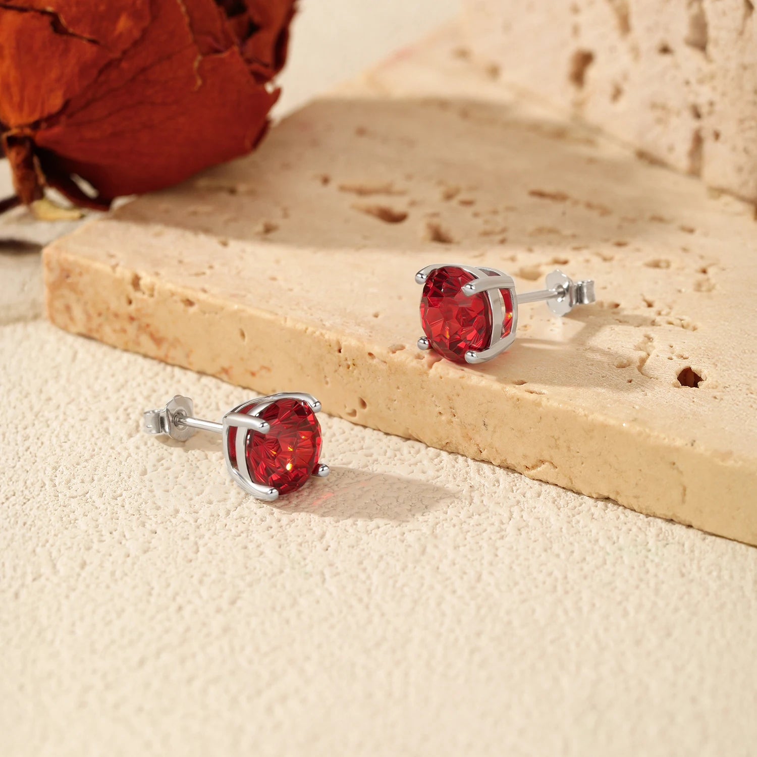 MODIAN 925 Sterling Silver Trendy Pomegranate Red Firework Cut Round CZ Stud Earrings For Women And Men Fine Jewelry