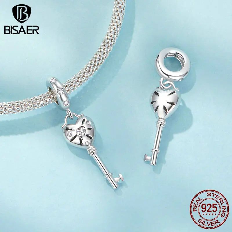 BISAER 925 Argent Sterling Ange Gardien Charm Perle Tulipe Coeur Clé Noeud Bouchon Pendentif Fit Femmes DIY Bracelet Bijoux Cadeau
