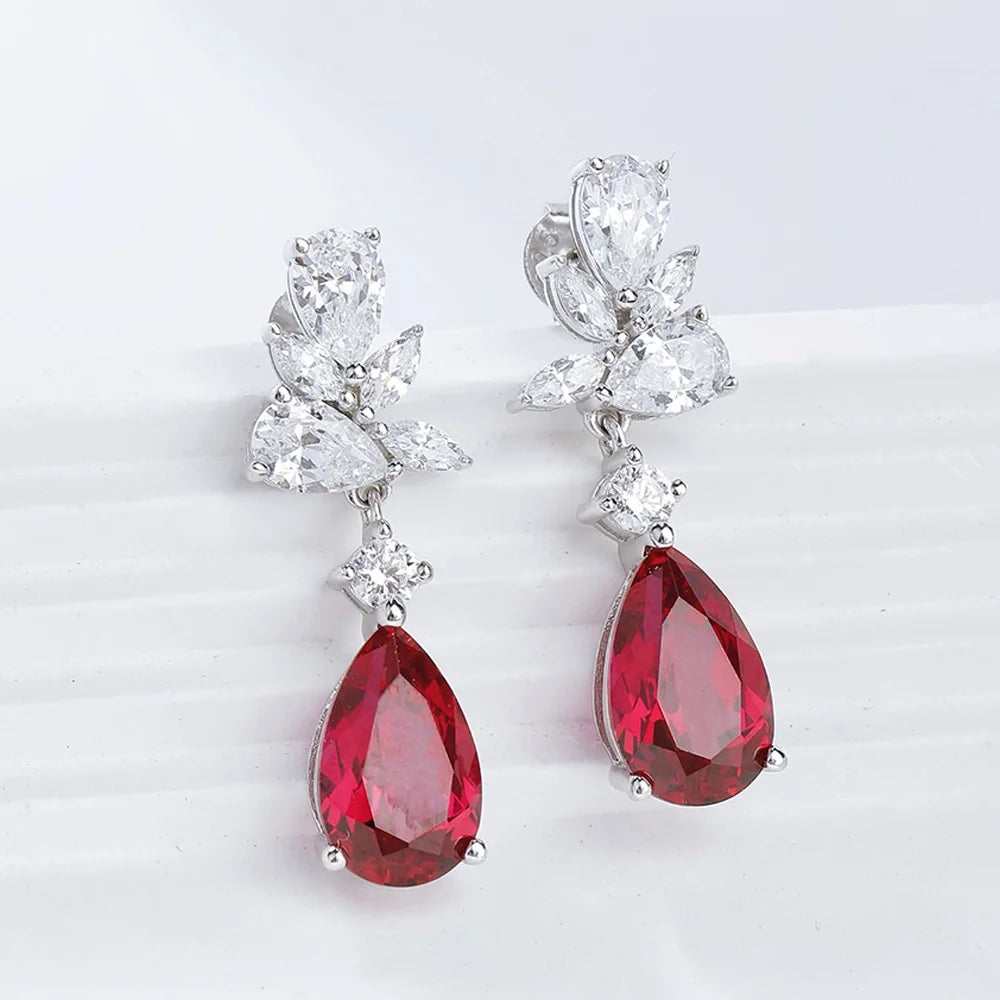 Serenity 5.6ct D Color Moissanite Drop Earrings for Women 100% S925 Sterling Silver Plated 18K 6ct Real Cultivated Ruby Earrings - Madeinsea©