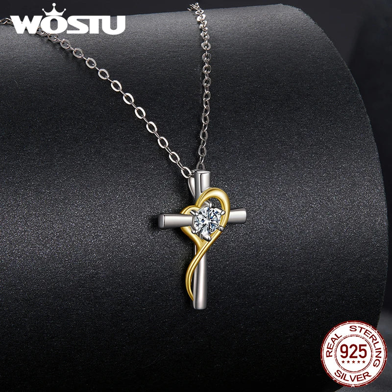WOSTU Moissanite Cross Pendant Heart Necklace For Women 925 Silver 18K Gold Diamond Cut moissanite Wedding Jewelry Party Gift