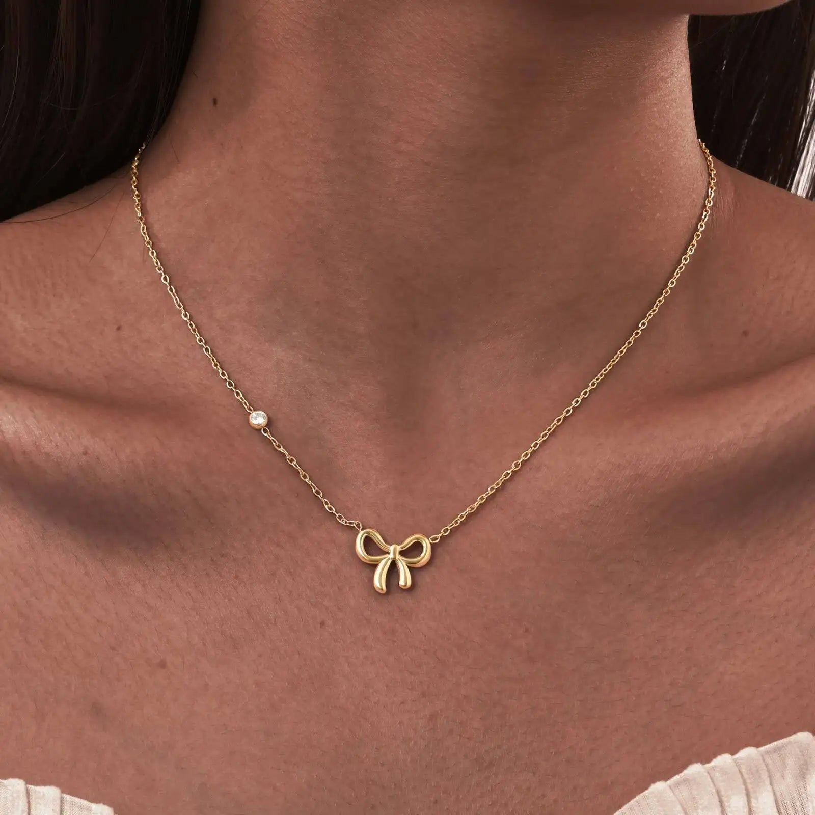 Vnox Gold Color Bow Single Zircon Chain Necklace For Women Stainless Steel Heart  Accessories Pendent Necklace Light Jewelry