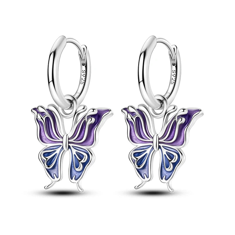 New Earring For Women 925 Silver Sparkling Butterfly Bear Pink Heart Princess Double Hoop Earrings Luxury Party Jewelry