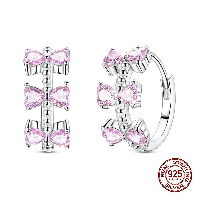 Sweet Bows Earrings 925 Silver Shining Heart Shaped Zircon Hoop Earrings For Women Engagement Birthday Proluxy Fine Jewelry Gift