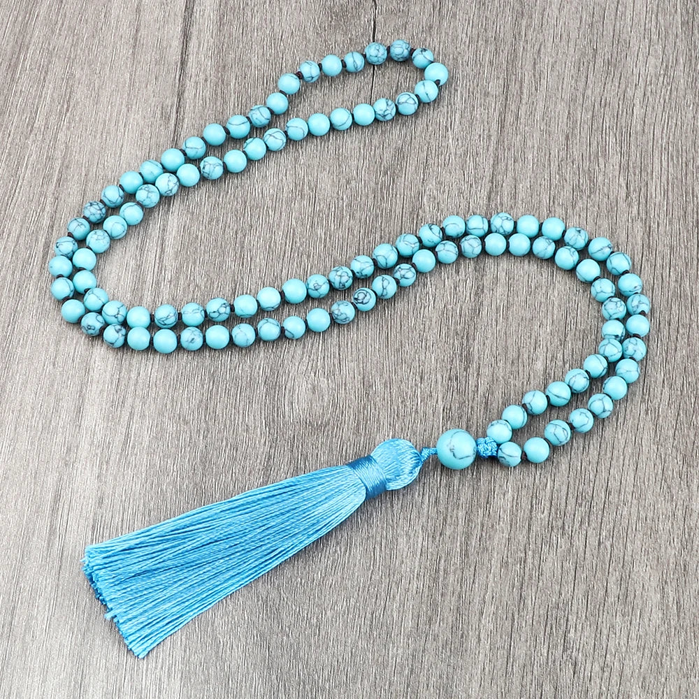 108 Mala Beaded Tassel Necklace Tiger Eyes Turquesa Meditation Yoga Jewelry Women Malachite Bohemian Ethnic Amazonite Necklace