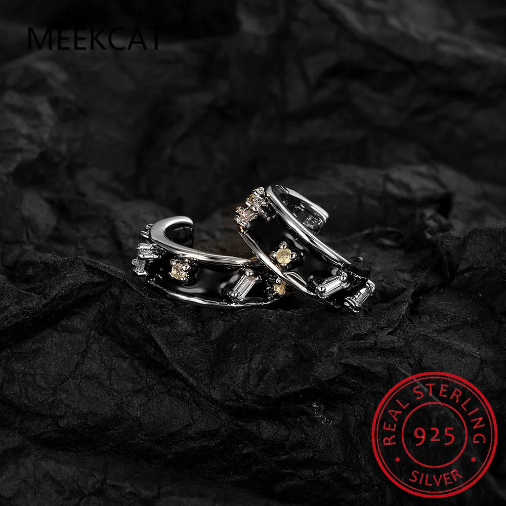 925 Sterling Silver Black Enamel Round Square Zircon Ear Cuff Clip on Earring For Girl Without Piercing Earing Jewelry DA250