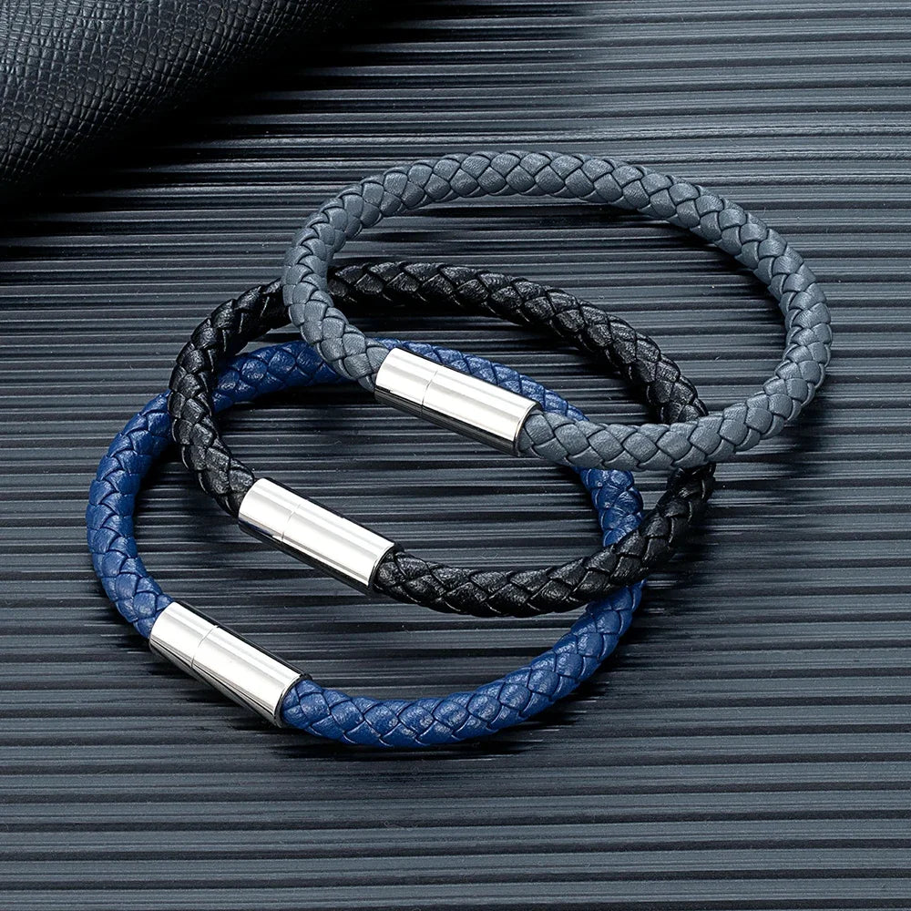 MKENDN Klassisches blaues geflochtenes Lederarmband mit magnetischem Edelstahlverschluss – Schlichtes und stilvolles Schmuckgeschenk für Paare