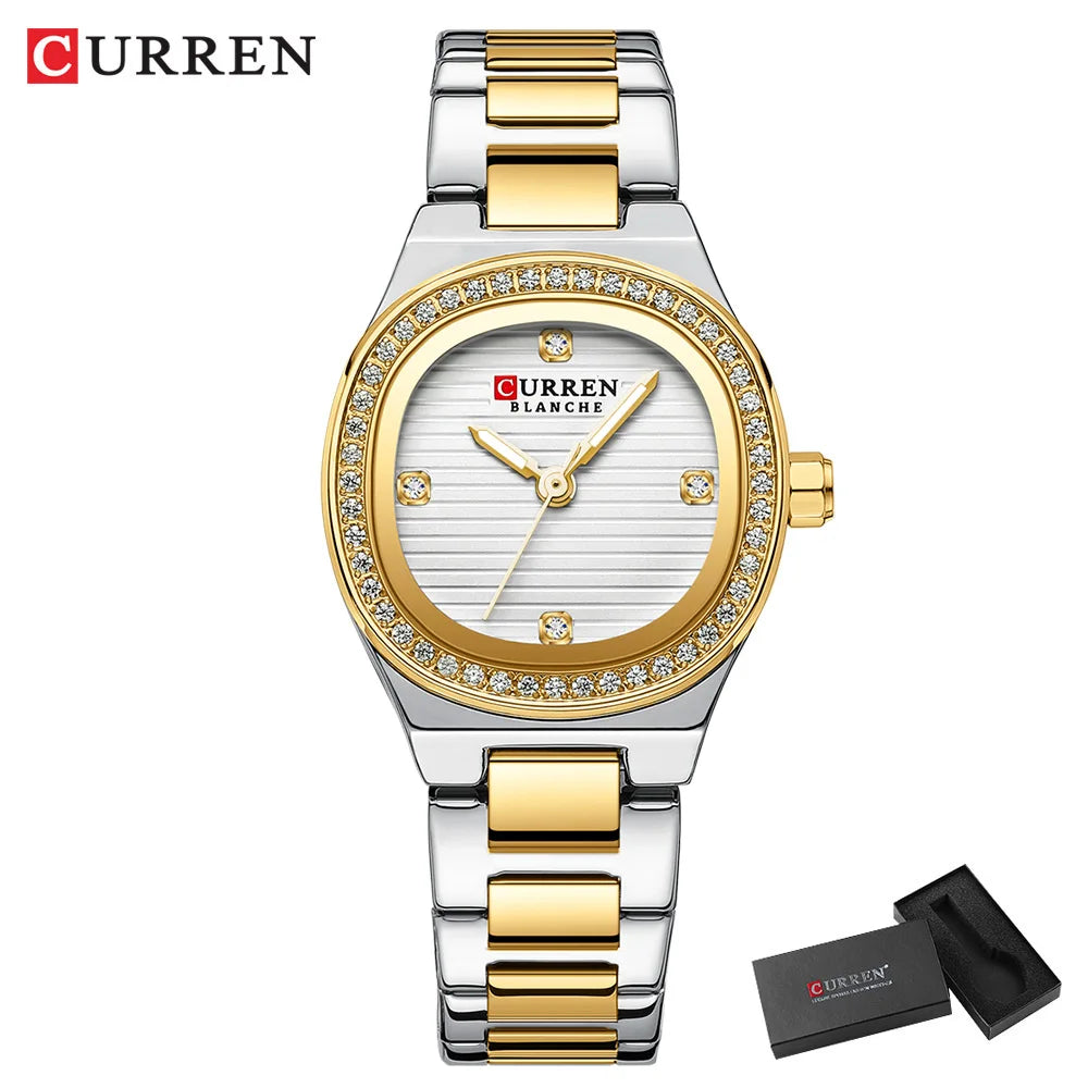 CURREN Luxury Brand Simple Style Quartz Watch for Women NEW Dress Ladies Wristwatches with Rhinestones