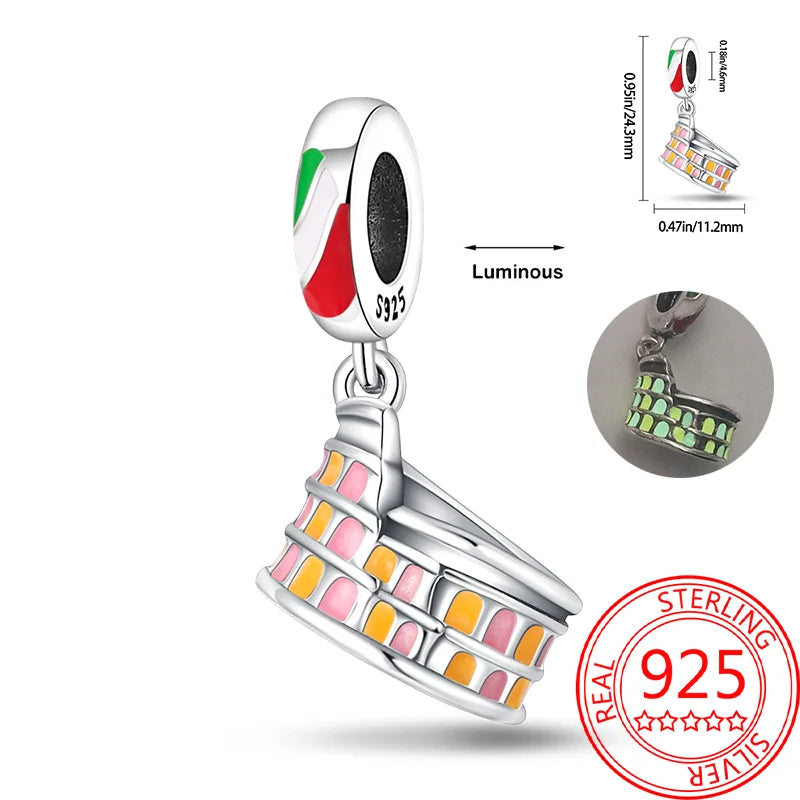 Creative 925 Sterling Silver Eiffel Tower Gold Heart Double Charm Fit DlY Bracelet Necklaces Women's Dating Jewelry Accessories