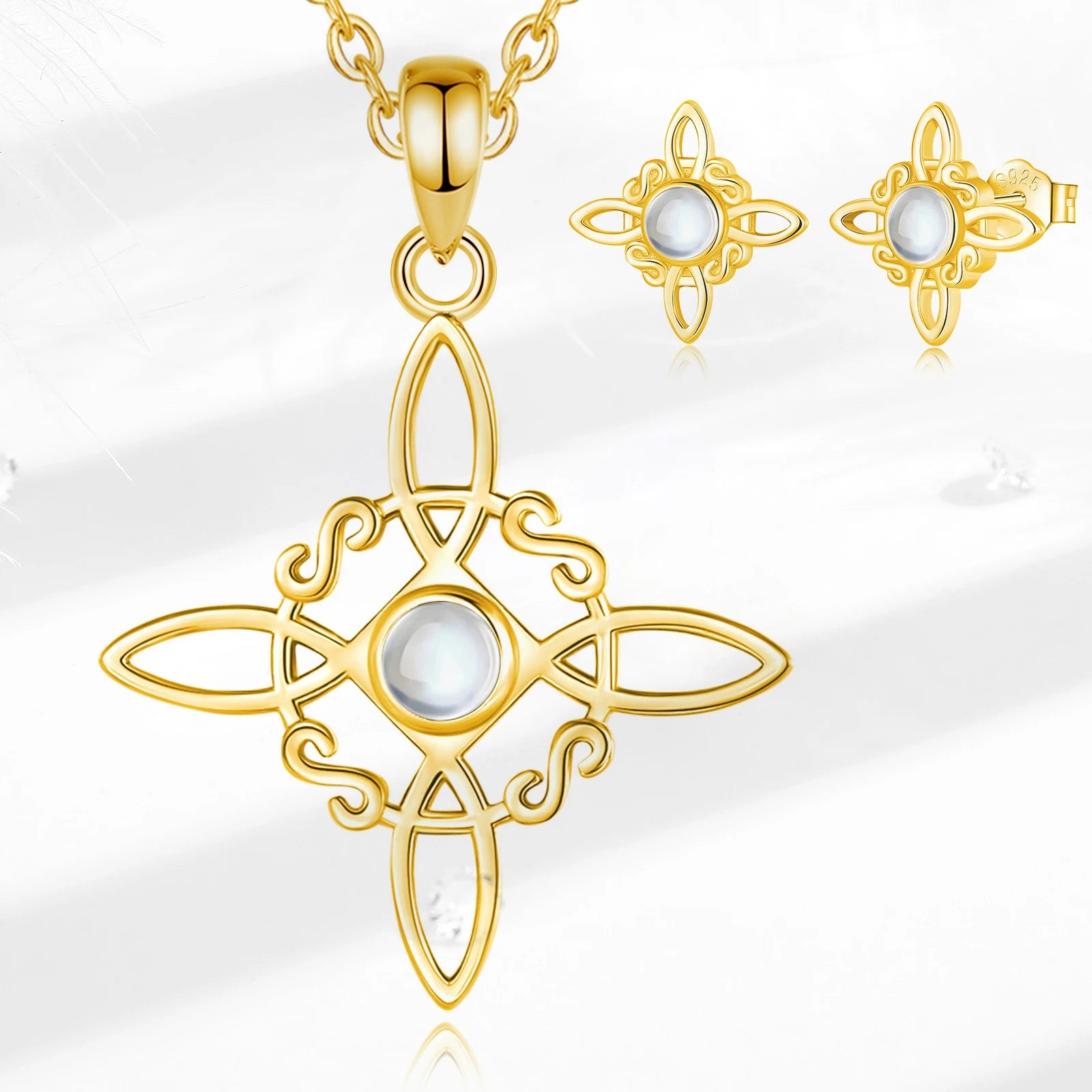 Eudora 925 Sterling Silver Witches Knot Necklace & Earrings 18K Gold Plated Moonstone Celtic Knot Wicca Jewelry Set Women Gift