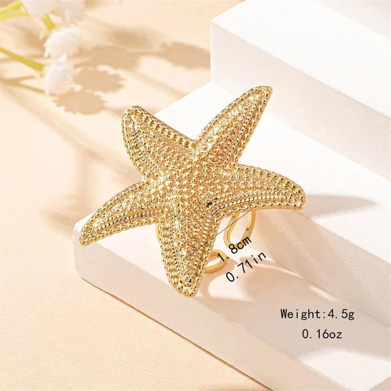 Bohemian Starfish Shaped Open Ring for Women Sea Beach Gold Color Starfish Finger Rings Girl Summer Vacation Party Charm Jewelry