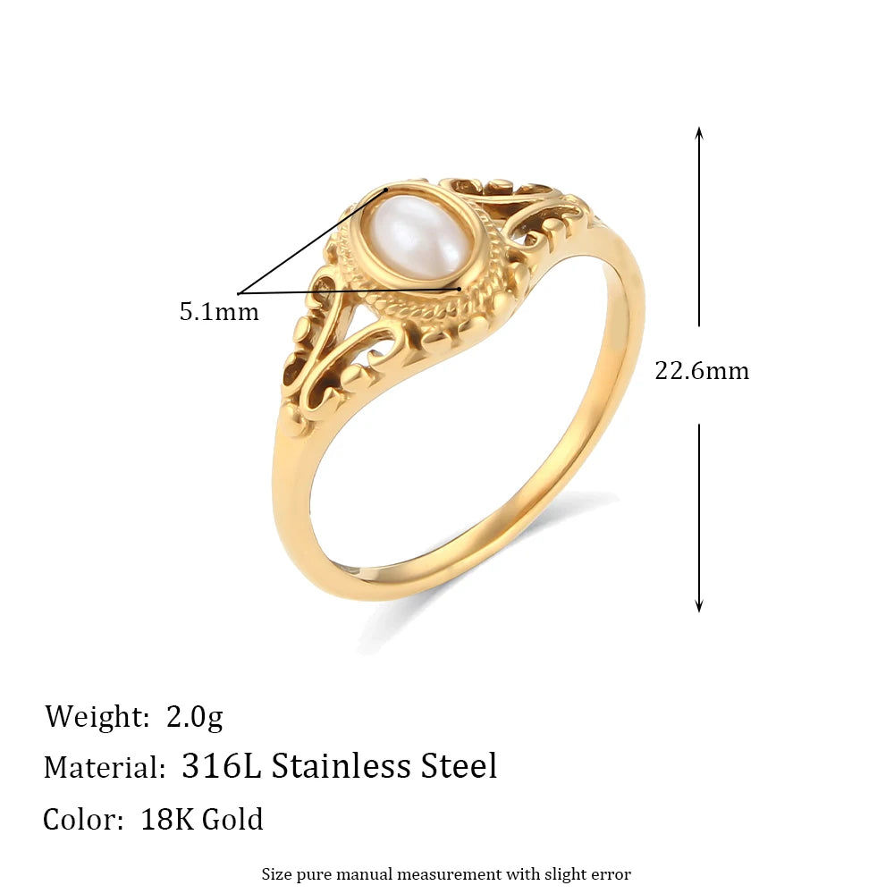 MamacitaPlay Vintage 18K Gold Plated Pearl Waterproof Rings Female Jewelry Women's Elegant 316L Stainless Steel Hollow Ring Gift