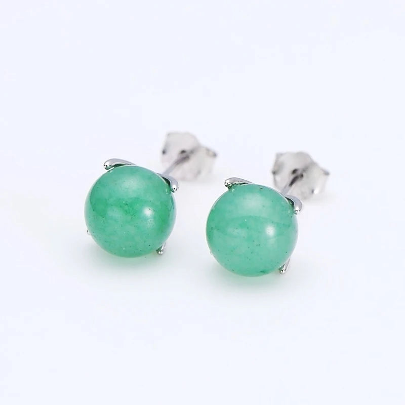 925 Sterling Silver Ladies Casual Four Claw Stud Ear 6.5-7mm Round Natural Aventurine Fashion Earrings for Women Jewelry Gift