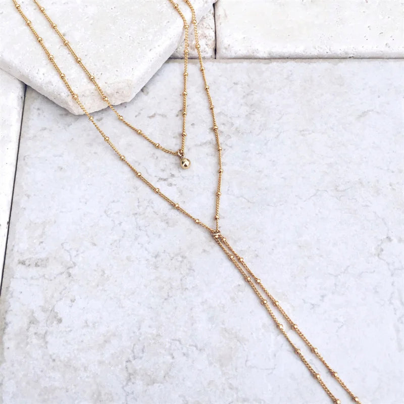 Simple Gold Color Beads Chain Necklace For Women Girls Double Layer Bead Long Tassel Metal Sweater Chain Bohemia Charm Jewelry