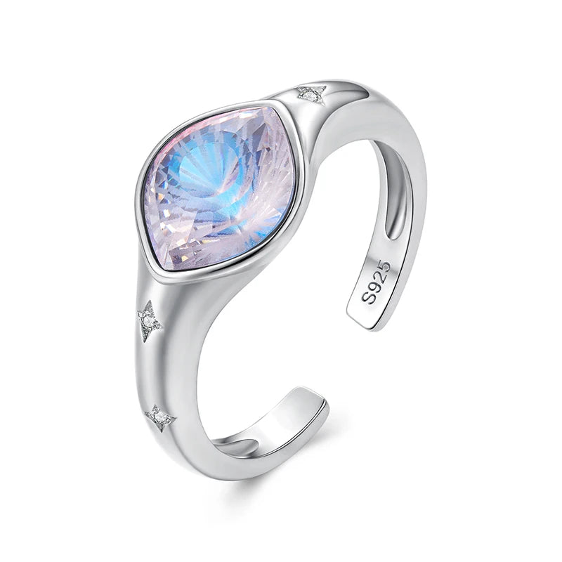 WOSTU 925 Sterling Silber Riesiger Ring mit offenem Nazar-Auge und Regenbogenkristall, Luxuriöser Statement-Ring mit Schutzauge, Geschenk für Cocktailpartys