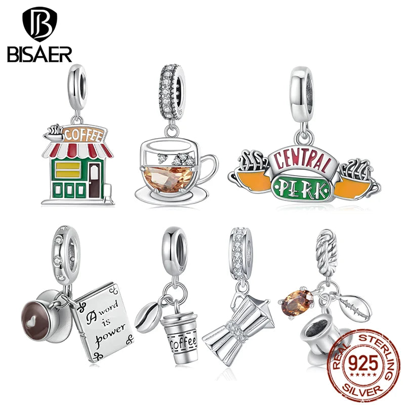 BISAER 925 Sterling Silver Coffee Cup Charm Bead Cafe Coffee Bean Pizza Pendant For Women DIY Bracelet & Necklace Fine Jewelry