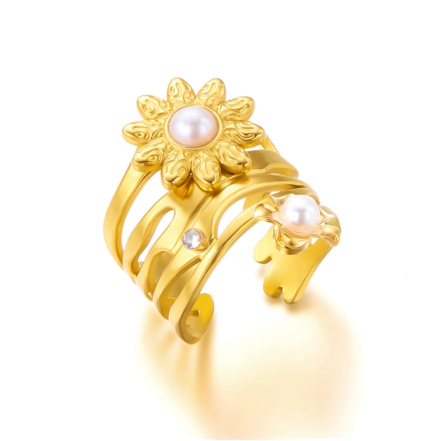 Gold Color Stainless Steel Ring for Women Colorful Leaf Daisy Flower Opal Opening Adjustable Finger Ring Wedding Jewelry Gift