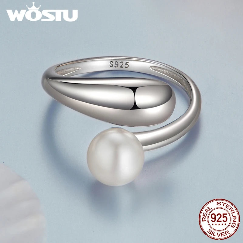 WOSTU Real 925 Sterling Silver Pearl Opening Ring Water Drop Adjustable Rings Girl Punk Party Jewelry Mother's Day Gift